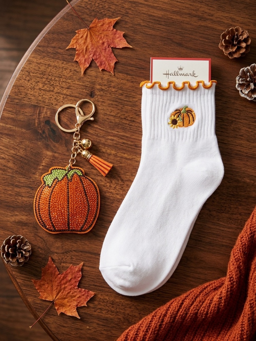 Hallmark 6 pack of fall themed Socks with Orange Pumpkin bagcharm/ keyring set!